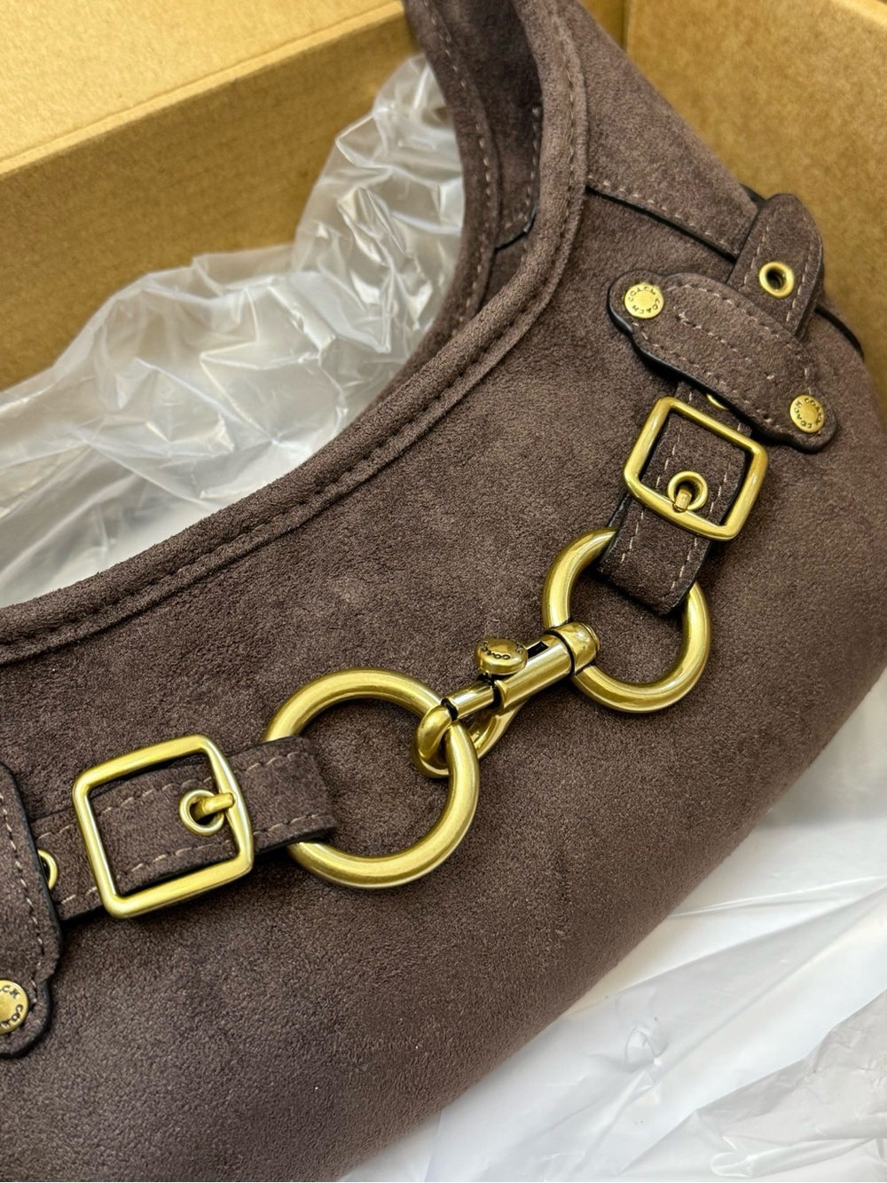 Coach Brown Suede Shoulder Clutch with Gold Hardware - Picture 2 of 6